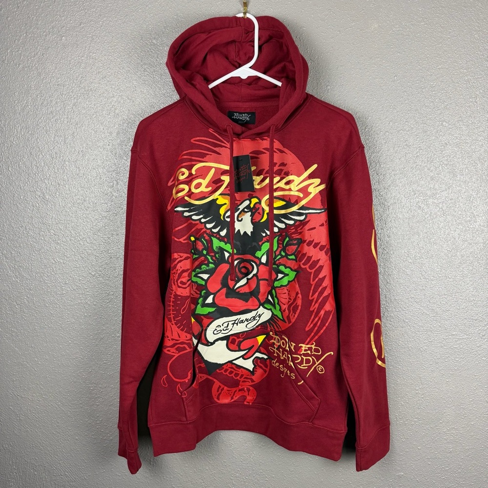 Ed Hardy Don Ed Hardy Eagle Rose Hoodie Men’s Medium Wine Color EHMTJ1300-14